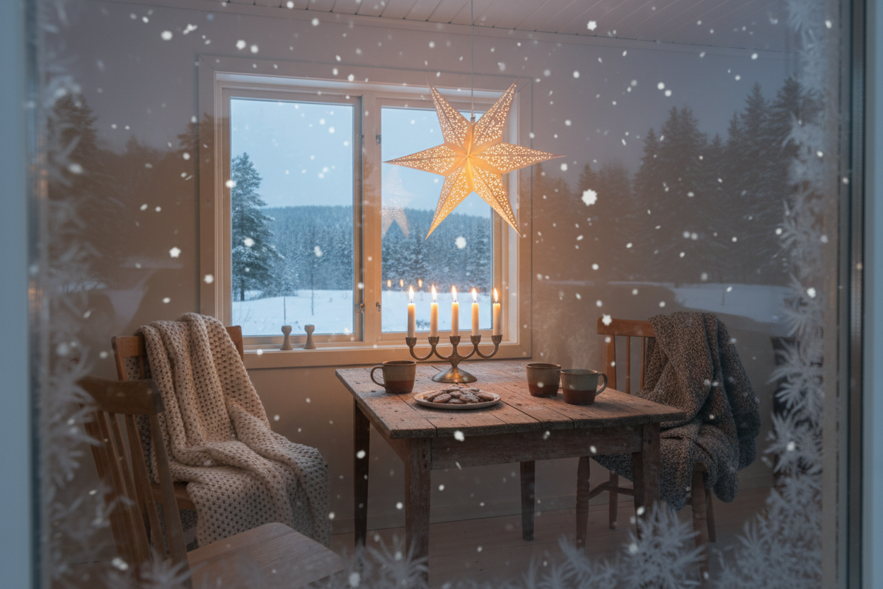 schwedische Weihnachten Schnee Fenster hyyge